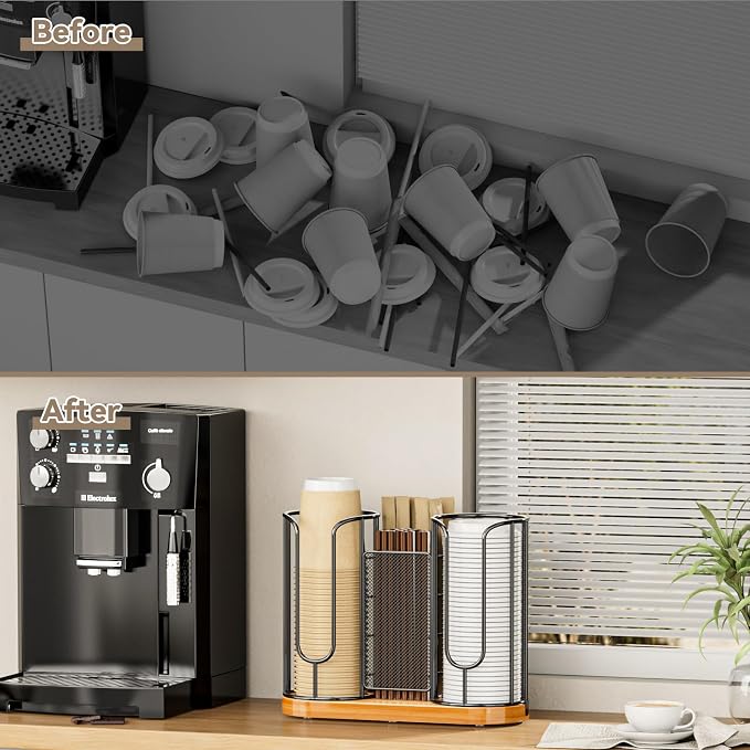 Coffee Cup and Lids Holder - 8oz-24oz Disposable Cups Organizer Wooden Base | Plastic Paper Cup Dispenser Straw Storage for Countertop Coffee Station Bar Restaurant Office Breakroom Shop Kitchen