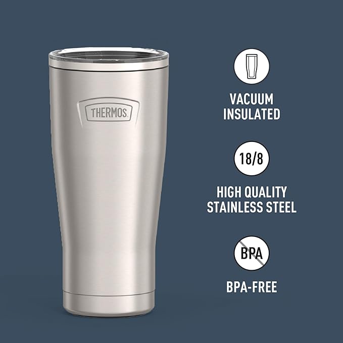 THERMOS Icon Series 24oz Stainless Steel Tumbler with Slide Lock Lid, Leakproof, Fits Cupholder, Dishwasher Safe, Griptec™ Non‑Slip Base, Keeps Drinks Hot 6 Hrs/Cold 22 Hrs, Matte Stainless Steel