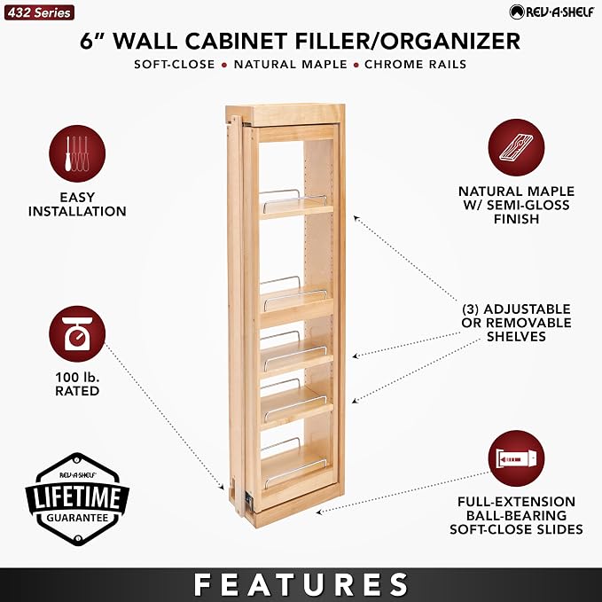 Rev-A-Shelf Kitchen Cabinet Pullout Wall Filler Wooden Organizer Slide Out Pantry Storage w/Soft-Close in Multiple Sizes, 6 x 42 In, 432-WFBBSC42-6C
