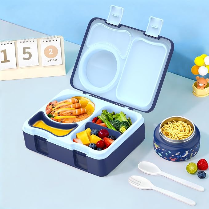 Bento Box for Kids, Leakproof Kids Lunch Box with 8.5OZ Thermo Food Jar & Lunch Bag, 3-4 Compartments Toddler Insulated Lunch Box for Girls, BPA Free Lunch Containers for School Daycare