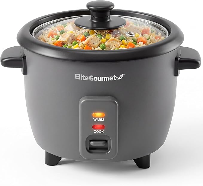 Elite Gourmet ERC6GC Ceramic Rice Cooker, PFAS-Free Non-Stick, Gray | 6-Cup Capacity - Ceralast Coating - Tempered Glass Lid - One-Touch Cooking - Includes BPA-Free Measuring Cup and Spatula