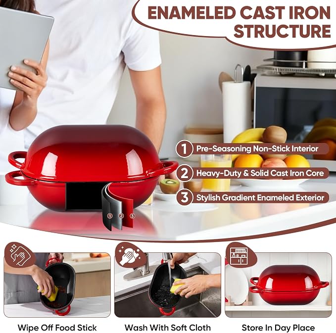 TeamFar Enameled Cast Iron Bread Loaf Pan, 2 QT Oval Dutch Oven with Lid | for Sourdough Bread Baking, Enameled Meatloaf Loaf Baking Pan with Lid, Even Heat Distribution & Self-Basting, Red
