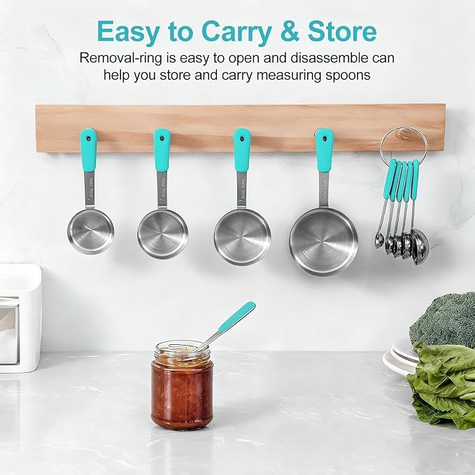 Bopei Measuring Cups and Spoons Set Stainless Steel 10 Piece for Cooking and Baking (5 Cups + 5 Spoons, Aqua Sky Handle)