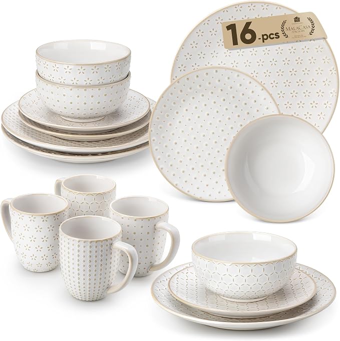 MALACASA 16 Pieces Dinnerware Set, Farmhouse Style Stoneware Plates and Bowls Sets for 4, Embossed Boho Ceramic Dish Set with Mugs, Microwave & Dishwasher Safe, Series LYDIA