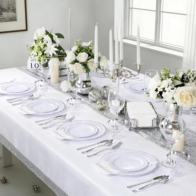 GATHER 176PCS Silver Plastic Plates for Wedding and Party | White and Silver Disposable Plates include 50 Plates, 75 Silverware, 25 Napkins, 25 Cups, 1 Tablecloth