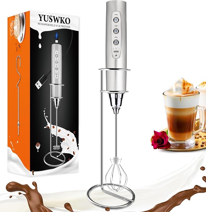 YUSWKO Handheld Milk Frother Wand for Coffee, Rechargeable Electric Whisk with 3 Heads 3 Speeds Drink Mixer Coffee Frother For Latte, Cappuccino, Hot Chocolate, Egg, Silver with Holder
