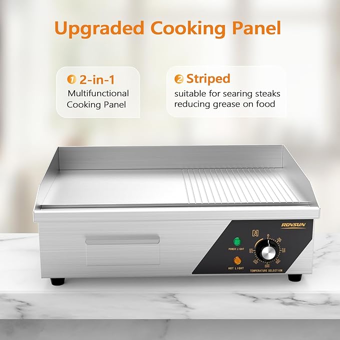 ROVSUN 22" Electric Griddle, Electric Countertop Half Flat Top Griddle, 1600W Grill Stainless Steel with Adjustable Temperature Control 122°F-572°F for Commercial Home Restaurant, Plug