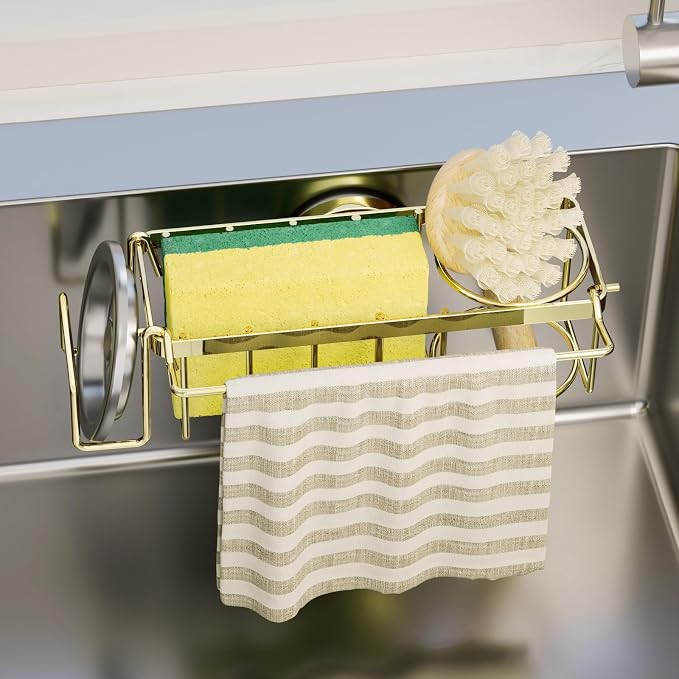 TAILI 4-in-1 Sink Sponge Holder for Kitchen with Strong Suction Cup-Gold | Removable Sink Caddy with Suction Cup, Rustproof 304 Stainless Steel Multi-compartment Sink Organizer for Sponge, Brushes