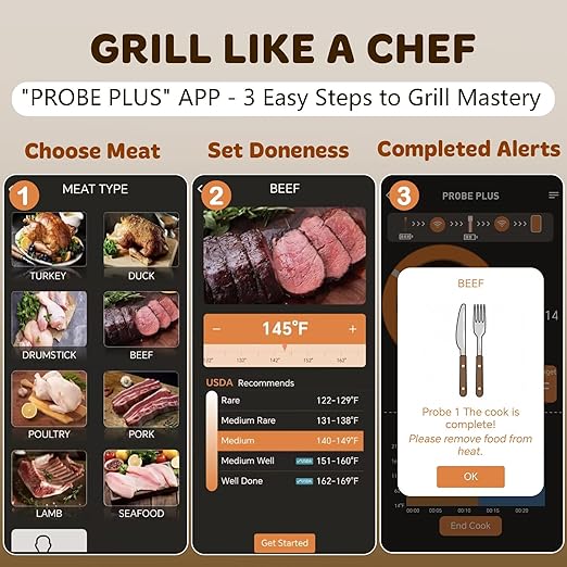 Accurate Smart Wireless Meat Thermometer - Real-time Alerts | 4 Probes Long Range Bluetooth Dishwasher Clean Waterproof Digital Cooking Thermometer for Grill BBQ Oven Smoker