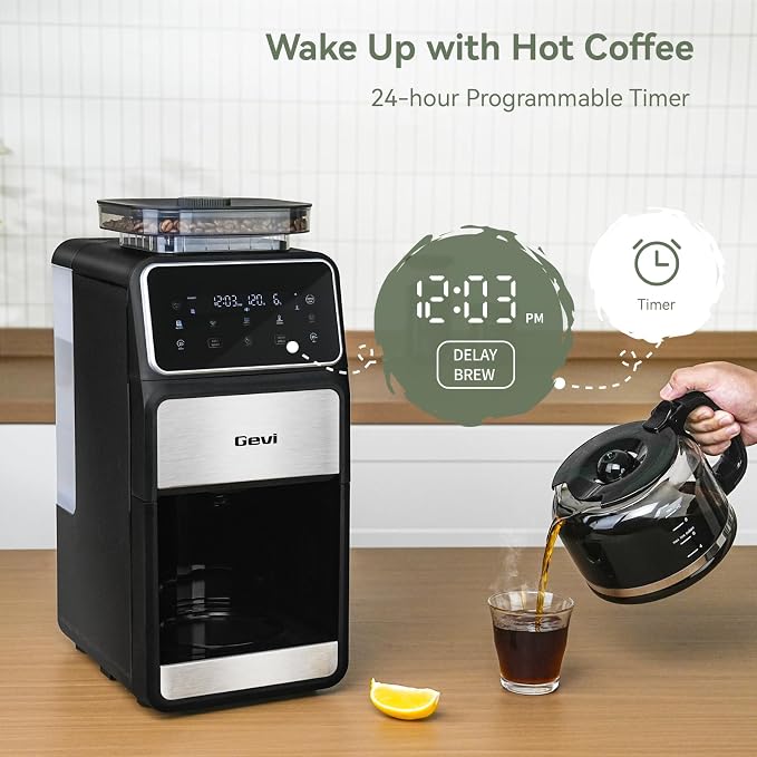 Gevi 10-Cup Grind & Brew Drip Coffee Maker with Built-In Burr Grinder | 24-Hour Programmable Timer, Touch Screen Control, 4-Hour Warm Plate, Permanent Filter with Original Glass Coffee Carafe