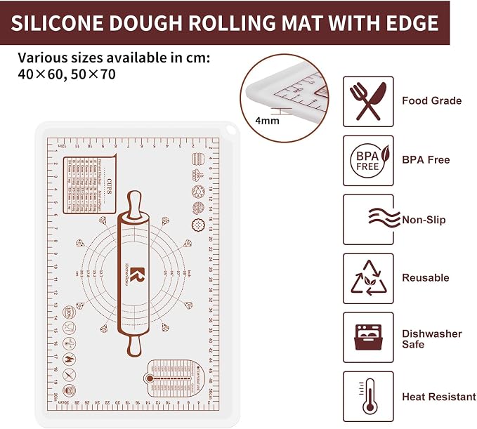Silicone Baking Mat 20"L x 28"W, Extra Thick Dough Rolling Pad with Measurements and Edge Heightening, Non-stick Food Grade Silicone Pastry Mat for Pastry, Bread, Cookies (Transparent)
