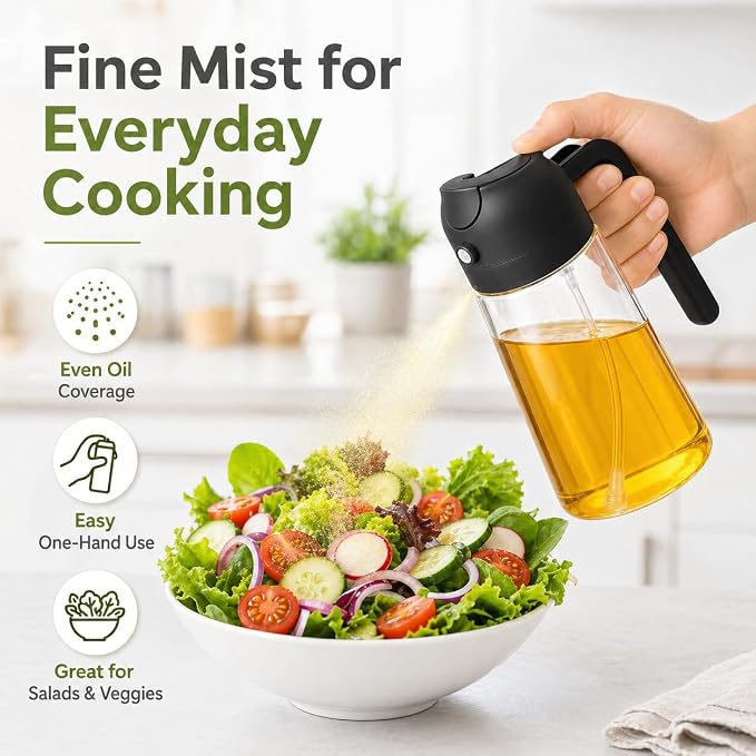 Oil Sprayer for Cooking, 2 in 1 Glass Olive Oil Dispenser and Spray Bottle, Fine Mist Olive Oil Mister with Pour Spout, One-Hand Kitchen Oil Dispenser for Salad, Veggies, Grilling
