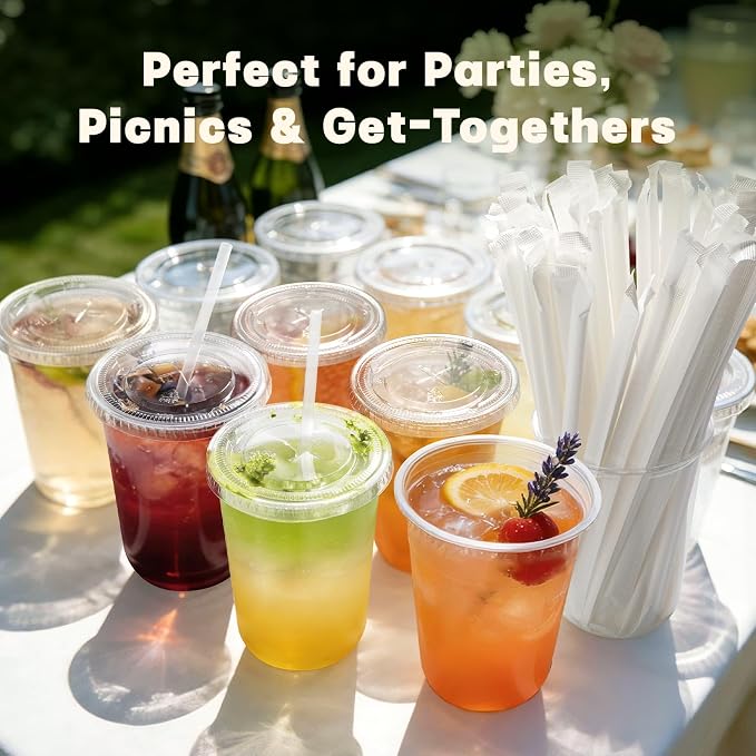 50 Pack 16 oz Round Bottom Plastic Cups with Lids and Straws, Disposable Coffee Cups with Lids, To Go Iced Coffee Cups with Lids, Disposable Cups for Party, Smoothie Cup for Cold Drinks
