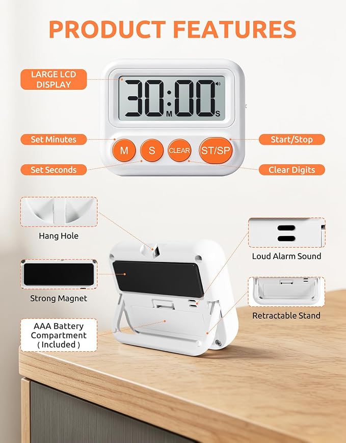Digital Kitchen Timer, Magnetic Countdown Timer with Large LCD Display | Loud, Low & Silent Alarm Modes,Count Up & Countdown,Strong Magnet,Foldable Stand,Hole for Cooking, Study & Daily Tasks