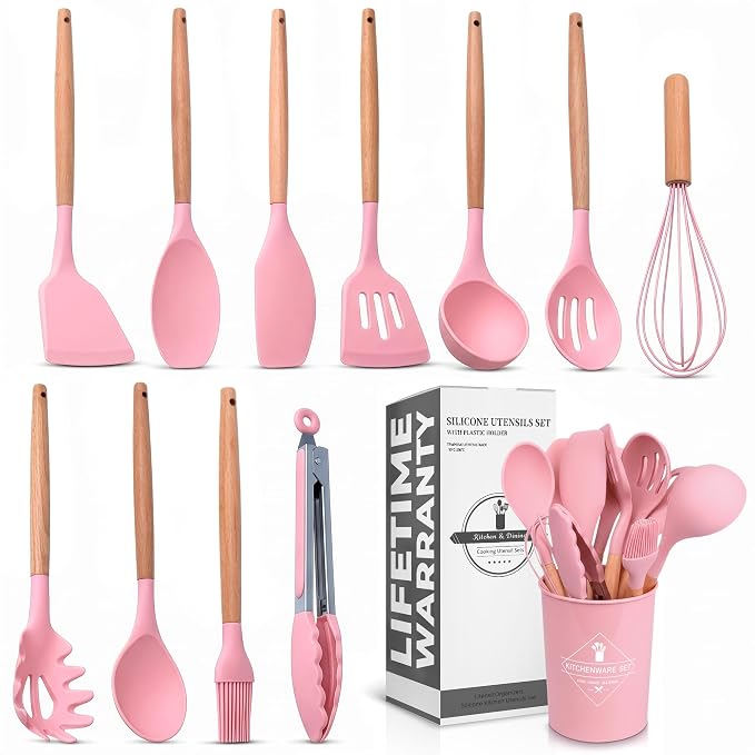 Kitchen Utensils Set with Holder for Nonstick Cookware - 12 Pcs Pink Silicone Cooking Utensils Set, Kitchen Tools for Daily Cooking - Wooden Handle Cooking Tools for Baking Serving and Mixing Tasks