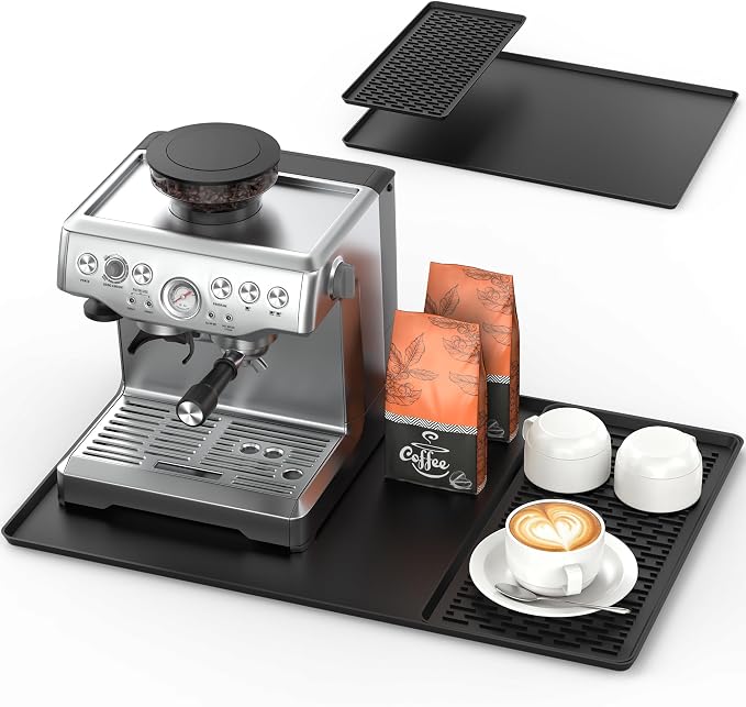 Silicone Coffee Mat, 24” x 16” Coffee Bar Mat for Countertop with Detachable Dish Drying Mat, Anti-Slip Countertop Protector for Espresso Machine, Heat Resistant, Rolled Ship, Black