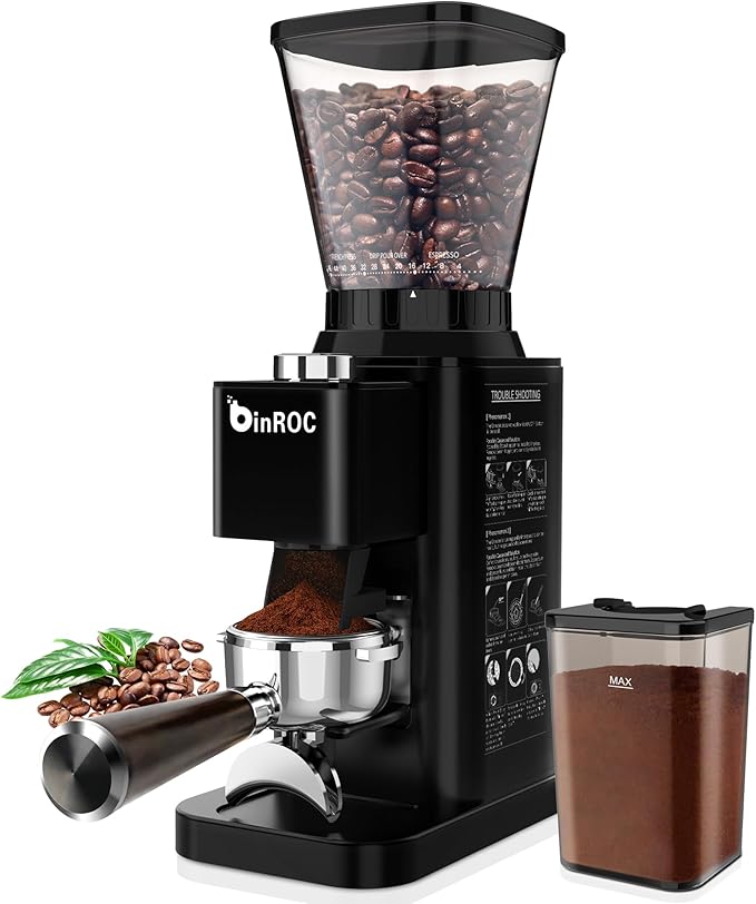 binROC Electric Conical Burr Coffee Grinder with Portafilter Holder, Black | 48 Grind Settings, 35s Timer, Anti-Static, Easy Clean, Low Noise with Overheat Protection for Espresso, Drip & French Press