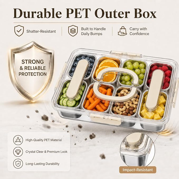 Snackle Box Container, Stainless Steel Divided Serving Tray with Lid, Handle and Forks
