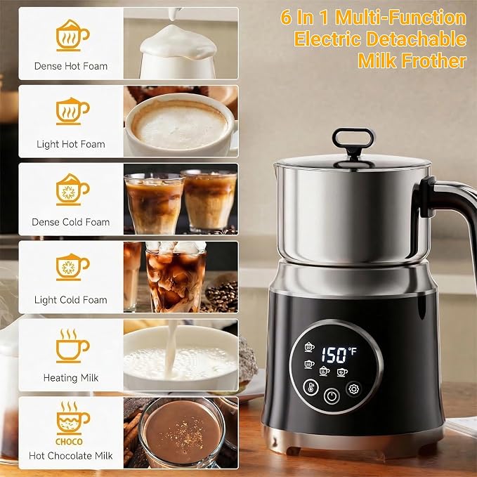 Milk Frother,Variable Temp and Froth Thickness,27oz/800ml Milk | Steamer and Frother for cappuccino or Latte,Dishwasher Safe,6-in-1 Frother Machine,Fast Heating,Low Noise