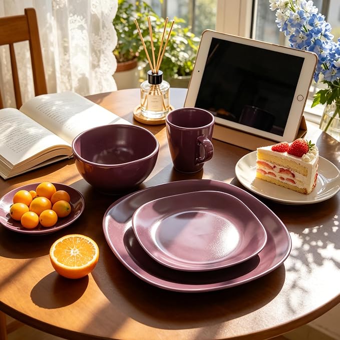 HomeVss, Stoneware Square 16pc Dinnerware Set, Matte Purple