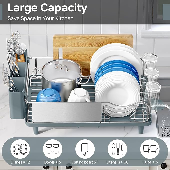 Urackify Dish Drying Rack - Stainless Steel Dish Rack with Auto Drain, Blue | Rustproof Dish Drainer with Cutlery Holder & Auto Drain, 16.9" L x 12.4" W Big Load for Plate Dish Sliverware, Light Geen