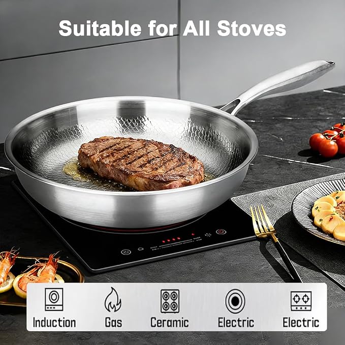 Titanium Frying Pan with Lid, 26cm Professional Stainless Steel Skillet, Nonstick Honeycomb Surface, Oven & Dishwasher Safe