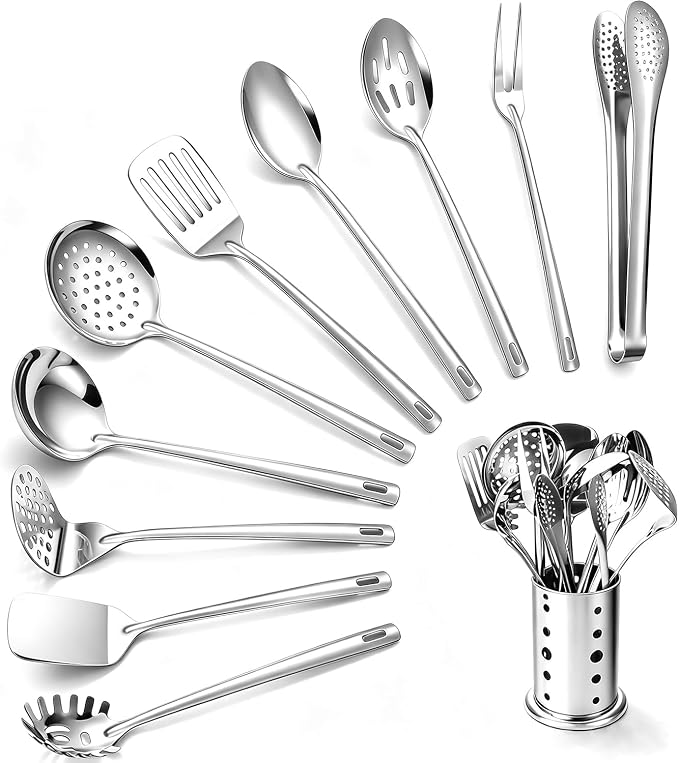 Lazycorner Kitchen Utensils Set, 11pcs Stainless Steel Cooking Utensils Set with Holder – Includes Turners, Potato Masher, Spatula, Spoons, Pasta Server, Tongs, Soup Ladle, Serving Spoon