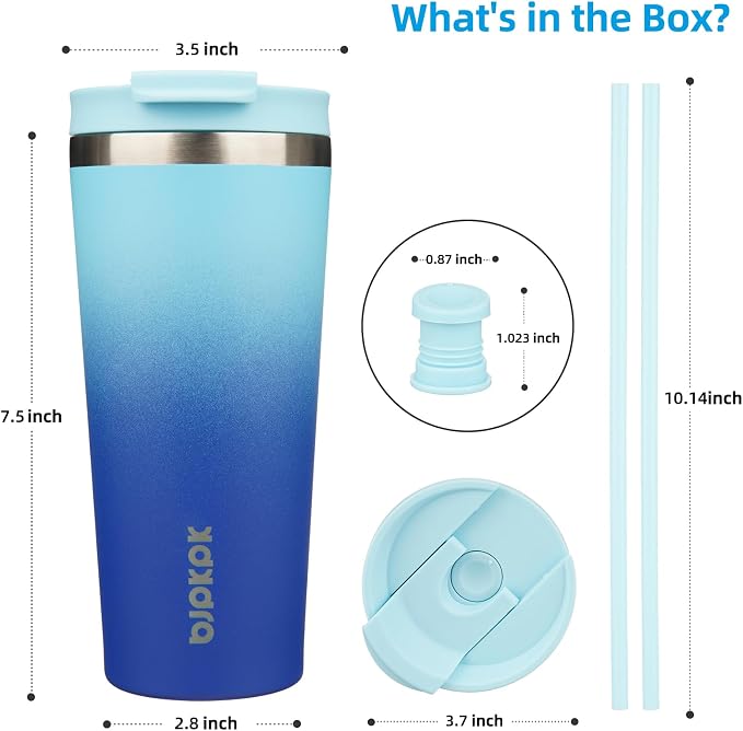 BJPKPK 22 oz Coffee Tumbler with Straw, Insulated Stainless Steel Cup | Double Wall Vacuum, Leak Proof Lid, Keeps Hot/Cold/Iced, BPA Free, Dishwasher Safe, Cupholder Friendly, Travel, Sky