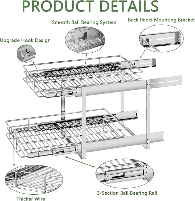 2 Tier Individual Pull Out Cabinet Organizer 19½" W x 21½" D, Heavy Duty Cabinet Pull Out Shelves, Slide Out Drawers Organization for Kitchen Cabinets Bathroom