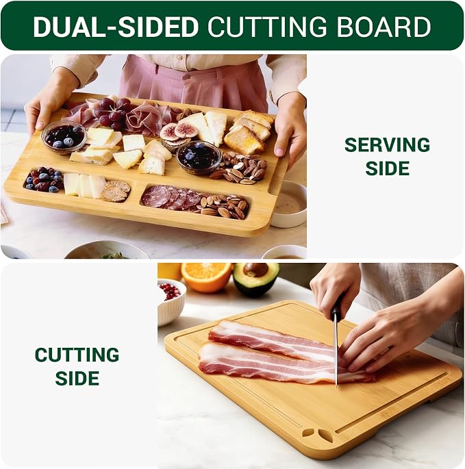 Bamboo Cutting Boards for Kitchen, Wooden Cutting Boards, 15 x 12 inch | Knife-Friendly Chopping Boards with Silicone Mat, Charcuterie Boards with Side Handles and Juice Grooves