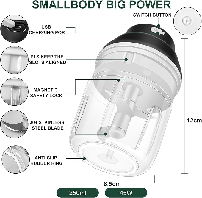 Electric Garlic Chopper, 250ML Garlic Mincer with Egg Beater | Mini Portable Vegetable Chopper, Onion Grinder Masher, USB Small Food Processor for Veggie, Garlic, Ginger, Chili(Black)