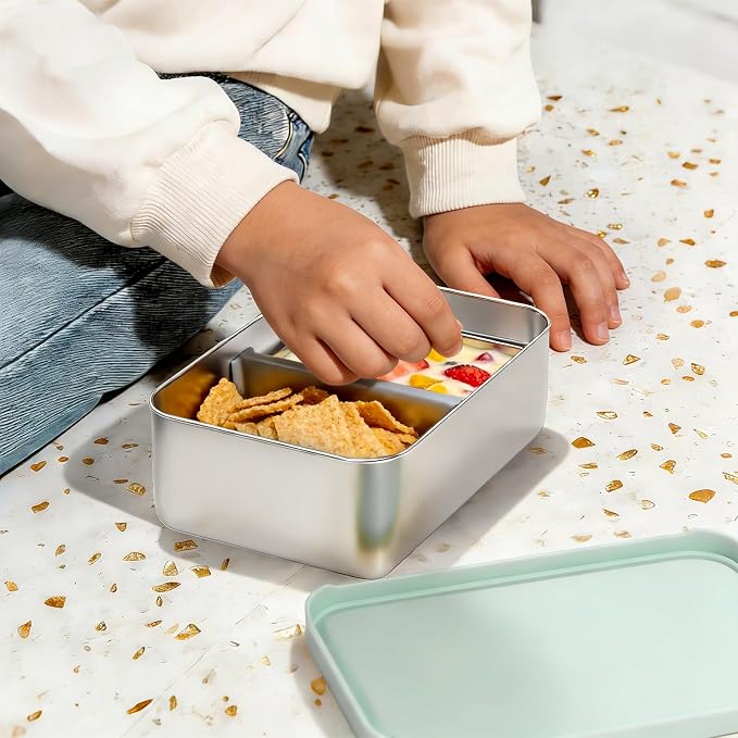Stainless Steel Bento Box, 33oz Leak-proof Metal Lunch Box Container with Silicone Lid, Microwave-Safe, with Divider, Lunch Food Meal Prep Snack Container for School Work