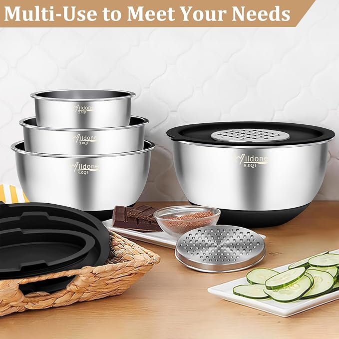 Wildone Mixing Bowls with Airtight Lids, Stainless Steel Nesting Bowls Set | Metal Bowls with 3 Grater Attachments, Non-Slip Bottom, Size 5, 4, 3, 2, 1.5, 1, 0.63QT, Include Utensil Set for Prep, Black
