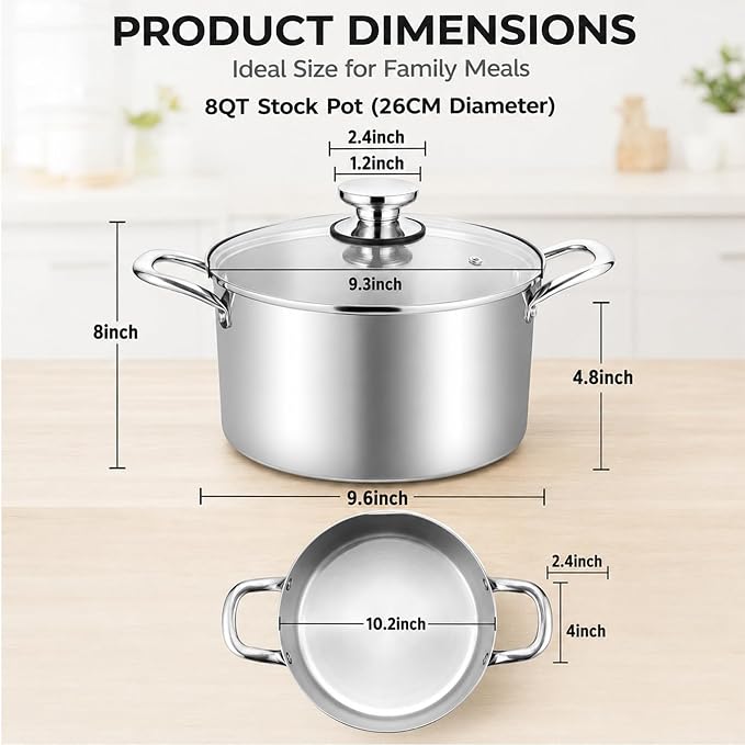 TeamFar 8 Quart Stock Pot, Tri-Ply Stainless Steel Pasta Pot with Lid | Cooking Broiling Eggs Veggies Soup, Tempered Glass Lid & Double Side Riveted Handles, Healthy & Heavy Duty, Dishwasher Safe