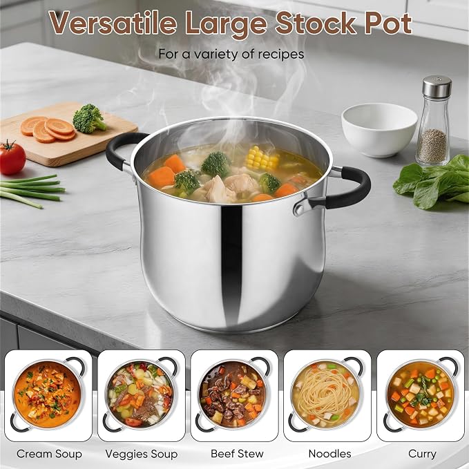 P&P CHEF 10 Quart Stainless Steel Stock Pot, Cooking Pot with Visible Lid | For Soup Pasta, Tri-Ply Bottom & Dual Heatproof Handles, For Induction Gas All Stoves, Non-Toxic & Dishwasher Safe