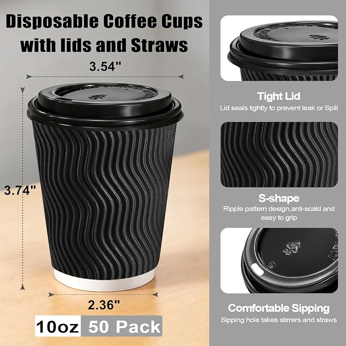 Lamosi 50 Pack 10 oz Disposable Coffee Cups with Lids and Straw, Black | Insulated Corrugated Ripple Wall Hot Cups with Lids for Hot Drink, Office, Coffee Bars, Meetings, and Short To-Go Use