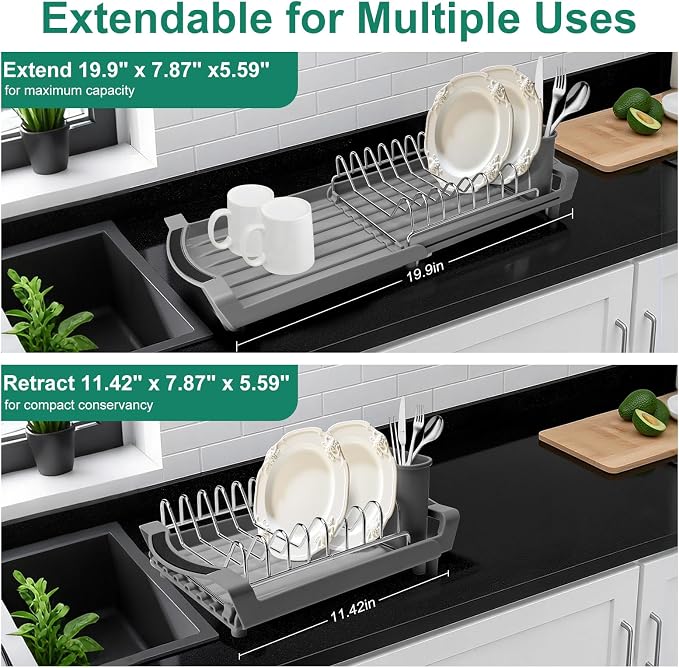 Compact Stainless Steel Dish Drying Rack | Rust-Resistant Drainer for Kitchen and Apartment Countertops/Sink Cabinets, Adjustable 11.42 to 19.9 Inches (Gray)