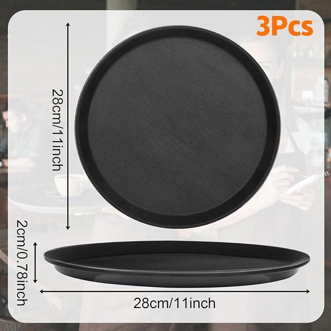 Mwellewm 3 Pcs Round Serving Tray, 11 Inch Non Slip Surface Round Tray Black Server Tray Plastic Food Meals Server with Raised Edges for Home, Kitchen, Restaurant, Cafeteria, Bar, Hotel