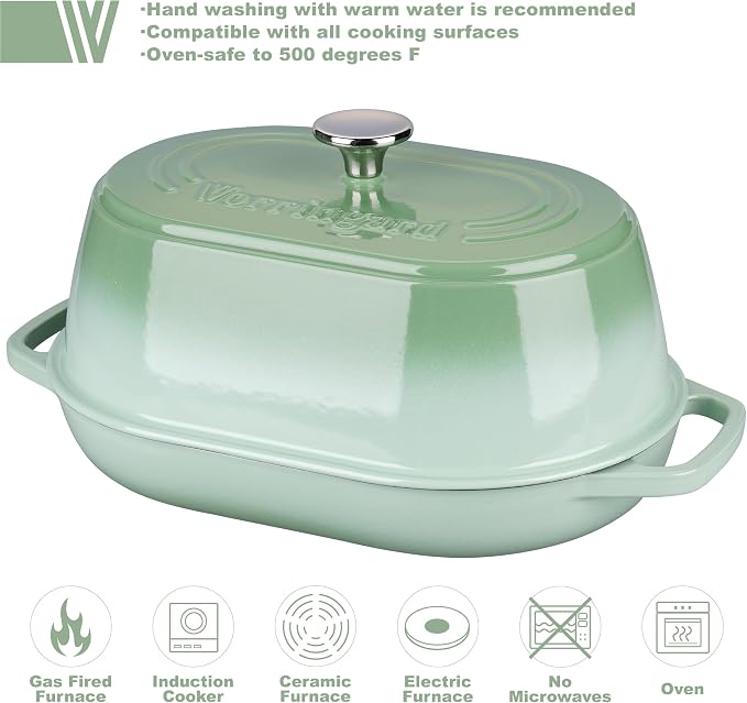 Enameled Cast Iron Dutch Oven Pot with Dome Lid, Oval Bread Oven for Homemade Sourdough Bread Baking, Oven Safe up to 500°F, 6 Quart, Green