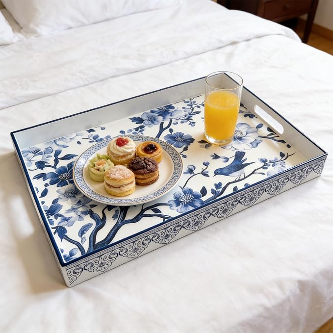Serving Tray with Handles, 15.7 * 11.8 inches, Plastic Ottoman Tray with Exquisite Paintings, Trays for Coffee Table