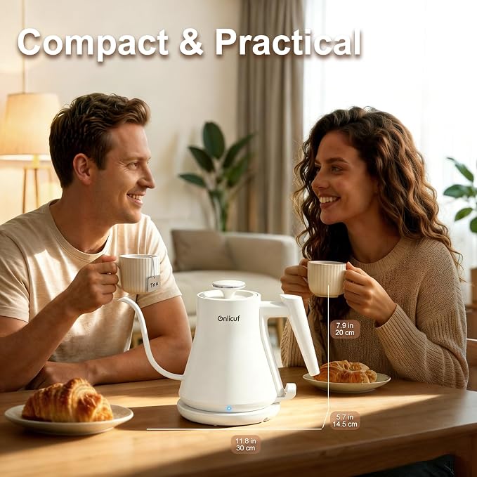 Gooseneck Electric Kettle 0.8L (27oz) - 1000W Rapid Fast Boiling Tea Kettle with Auto Shut Off, Stainless Steel Leak-Proof Elegant White Water Boiler