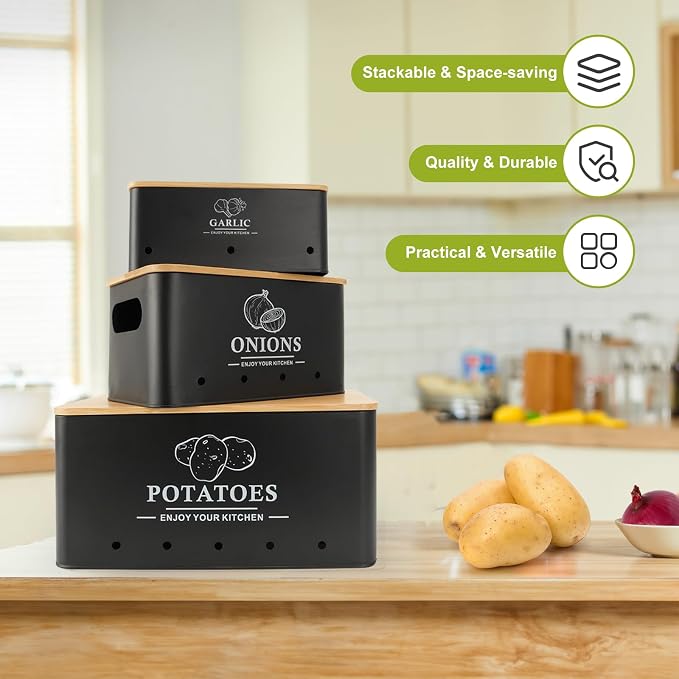 Kitchen Vegetable Storage Set of 3, Metal Onion Garlic Potato Storage Set, Kitchen Canisters Vegetable Keeper Containers with Aerating Holes and Bamboo Lid,Black