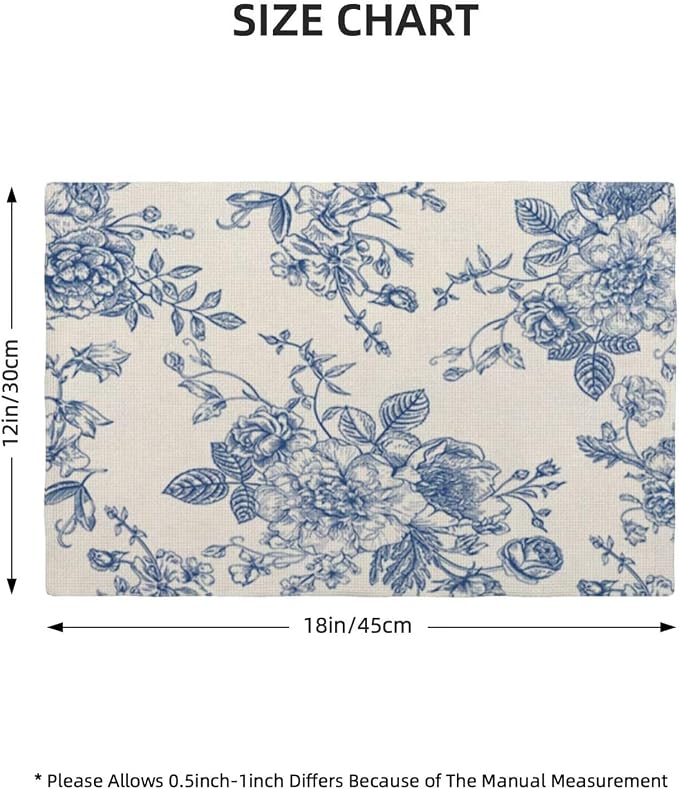 Chinoiserie Floral Placemats Set of 4, Vintage Blue Flower Decorative Table Mat 12 x 18 Inch Heat Resistant Non Slip Line Fabric Seasonal Floral Place mat for Dining Table