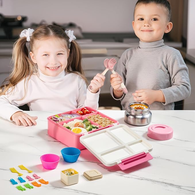 JSLOVE Bento Lunch Box with Leak Proof Thermos Food Jar for Kids, Food Lunch Containers for Girls with 4 Compartments, BPA-Free with Utensils, Food Picks, Sauce Jar & Silicone Lunch Box Dividers