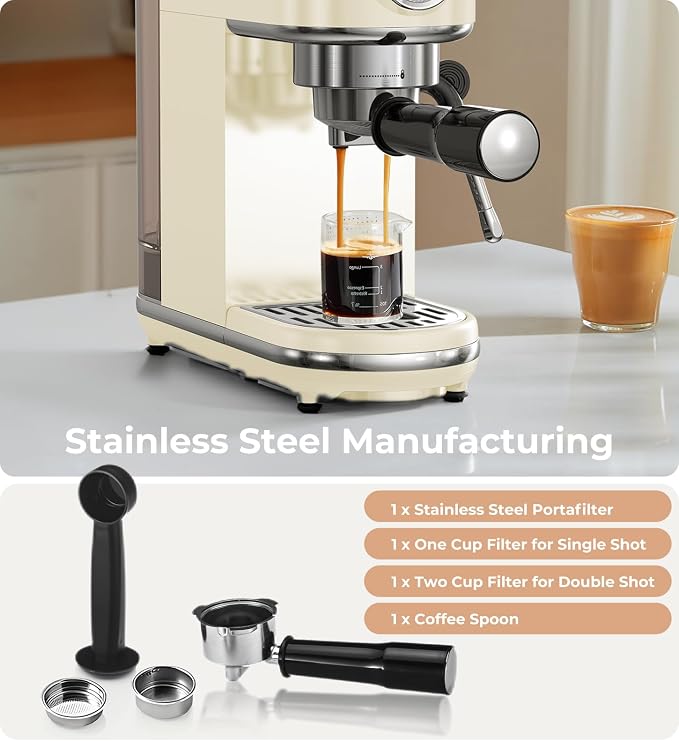 atatix 20 Bar Espresso Machine with Milk Frother, Compact Espresso Maker | Stainless Steel Coffee Machine with Precise Temp Control & 44oz Removable Water Tank for Latte, Cappuccino, Creamy White
