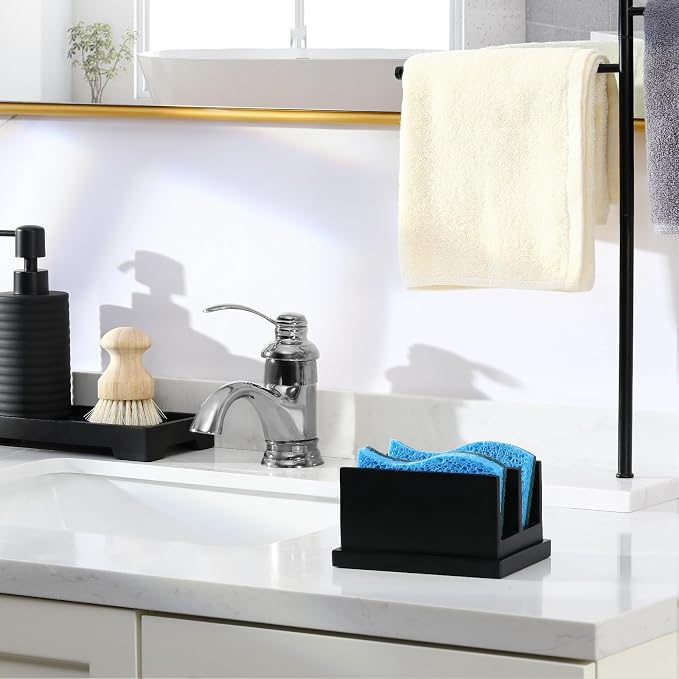 Luxspire Kitchen Sponge Holder wtih Drain Tray, 2 Compartment, Matte Black | Diatomite Stone Material, Quick-Drying & Water Absorbing stone dish sponge, For Kitchen Sink Counter, Easy to Maintain