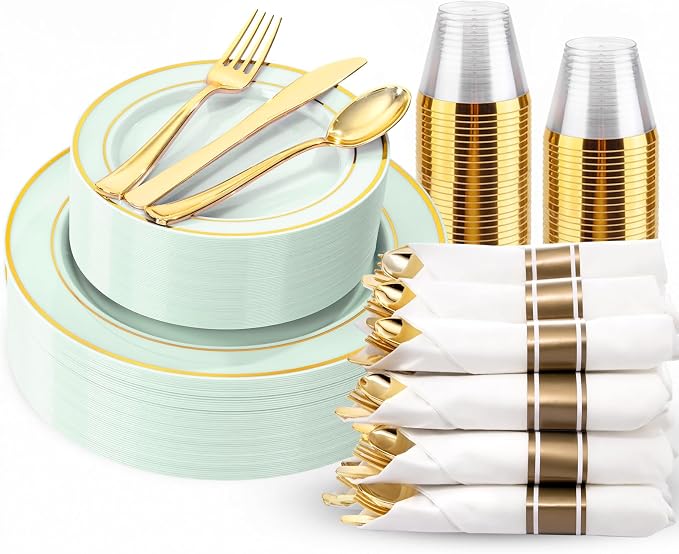 175PCS Sage Green Plastic Plates - Heavy Duty Green Plates Disposable - 25Guests Plastic Dinnerware with Rolled Napkins for Birthday/Baby Shower