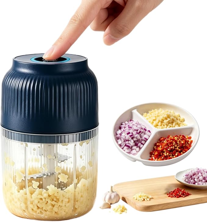 Electric Garlic Chopper, Mini Portable Veggie Chopper Garlic Mincer Onion Chopper, Rechargeable Cordless Food Processor & Food Chopper for Ginger Chili Nut Meat Vegetables, 400ml (Blue)