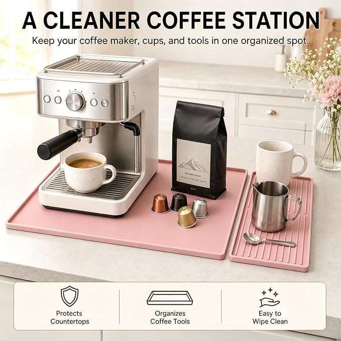 Silicone Coffee Mat 24 x 16 in with Tray, Soft Light Pink | Coffee bar mat for countertop use, coffee station mat or coffee machine mat with removable tray and 0.47 in raised rim.