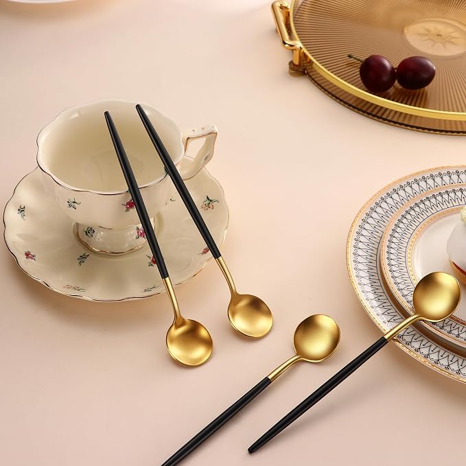 DEHOV 7.95 Inches Satin Gold SS18/10 Long Stirring Spoons With Black Handle,Elegant Iced Tea Spoons,Long Handle Mixing Spoons For Coffee,Cocktail,Ice Cream,Milk